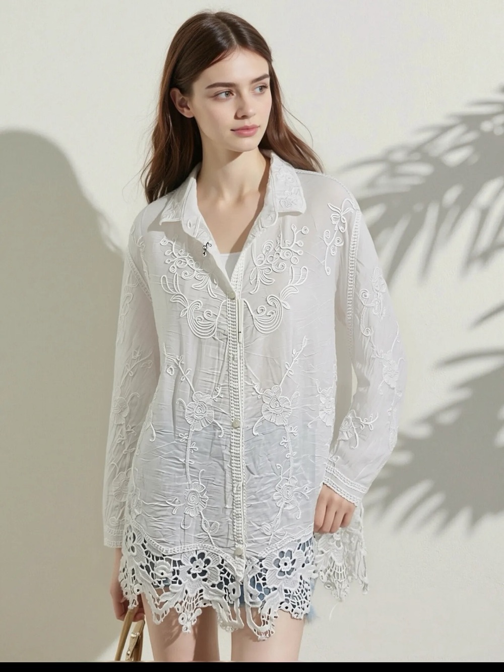 MADE IN ITALY White Embroidered Lace Hem Button-Up Shirt